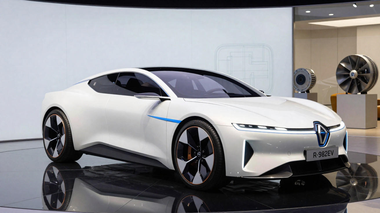 Carro elétrico branco com design futurista exibido em salão de automóveis.