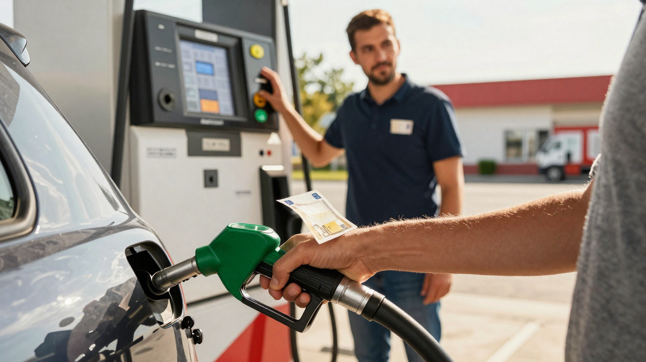 Pessoa segurando bomba de combustível verde abastecendo carro enquanto funcionário observa em posto de gasolina.