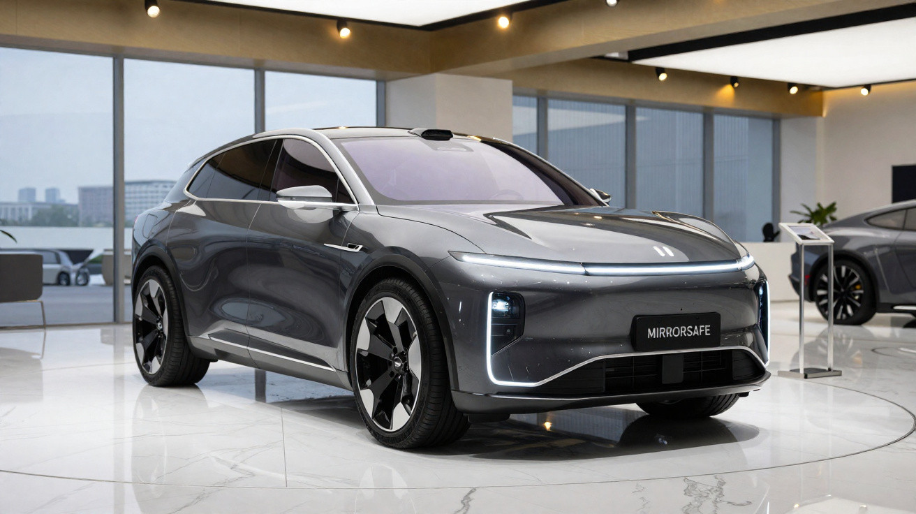 Carro elétrico cinza escuro com design futurista exibido em showroom moderno e iluminado.