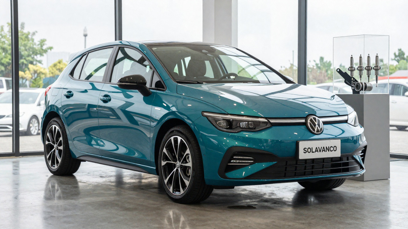 Carro Volkswagen hatchback azul exibido em showroom moderno com piso de concreto polido.
