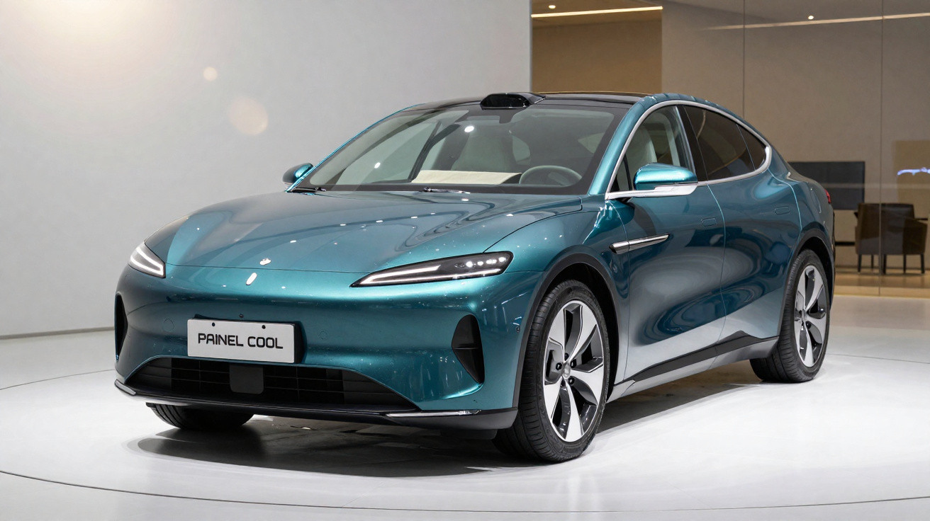 Carro elétrico azul metálico exibido em ambiente interno, com design moderno e placa "PAINEL COOL".
