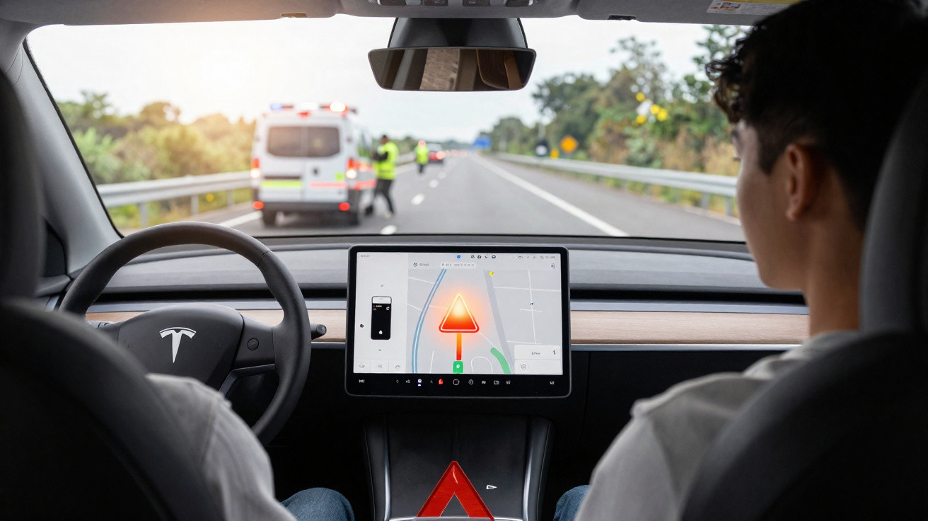 Motoristas em Tesla com alerta de acidente na tela, ambulância e pessoa na pista à frente na rodovia.