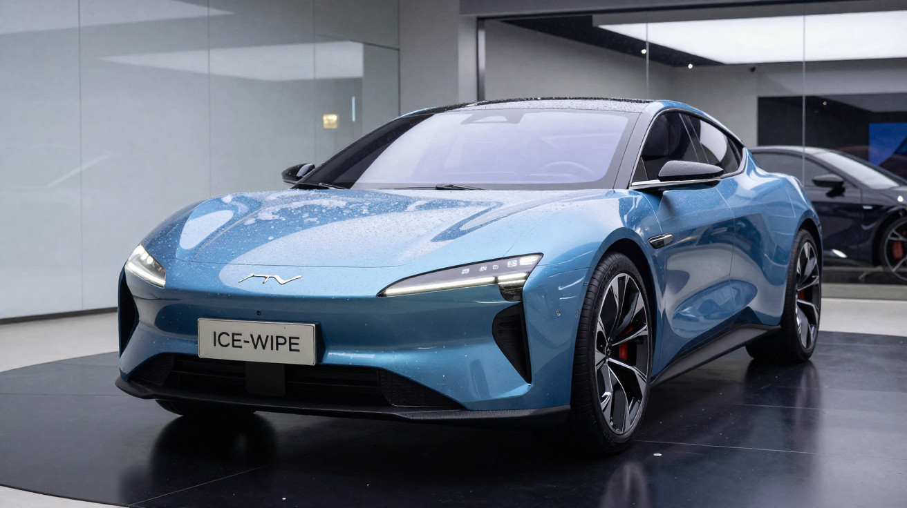 Carro esportivo elétrico azul estacionado em ambiente interno moderno e iluminado.