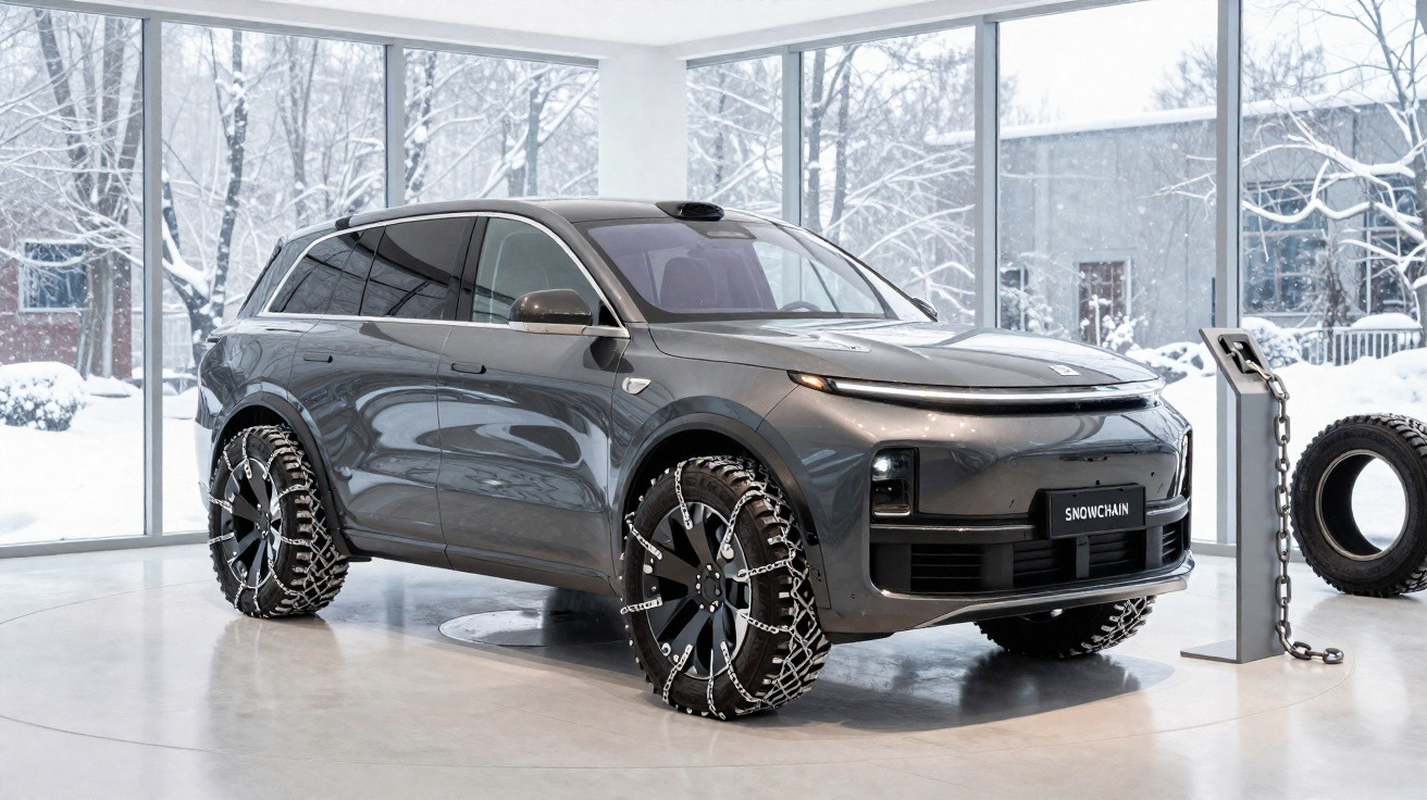 Carro elétrico cinza em showroom com correntes de neve nos pneus, ao lado de estação de carregamento.