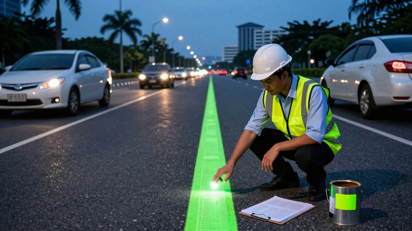Homem com capacete e colete reflete tinta verde em linha no meio da rua à noite, com carros ao redor.