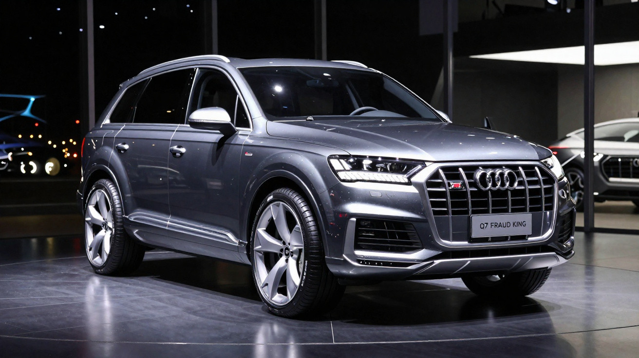 SUV Audi cinza metálico exibido em showroom com iluminação interna sofisticada.
