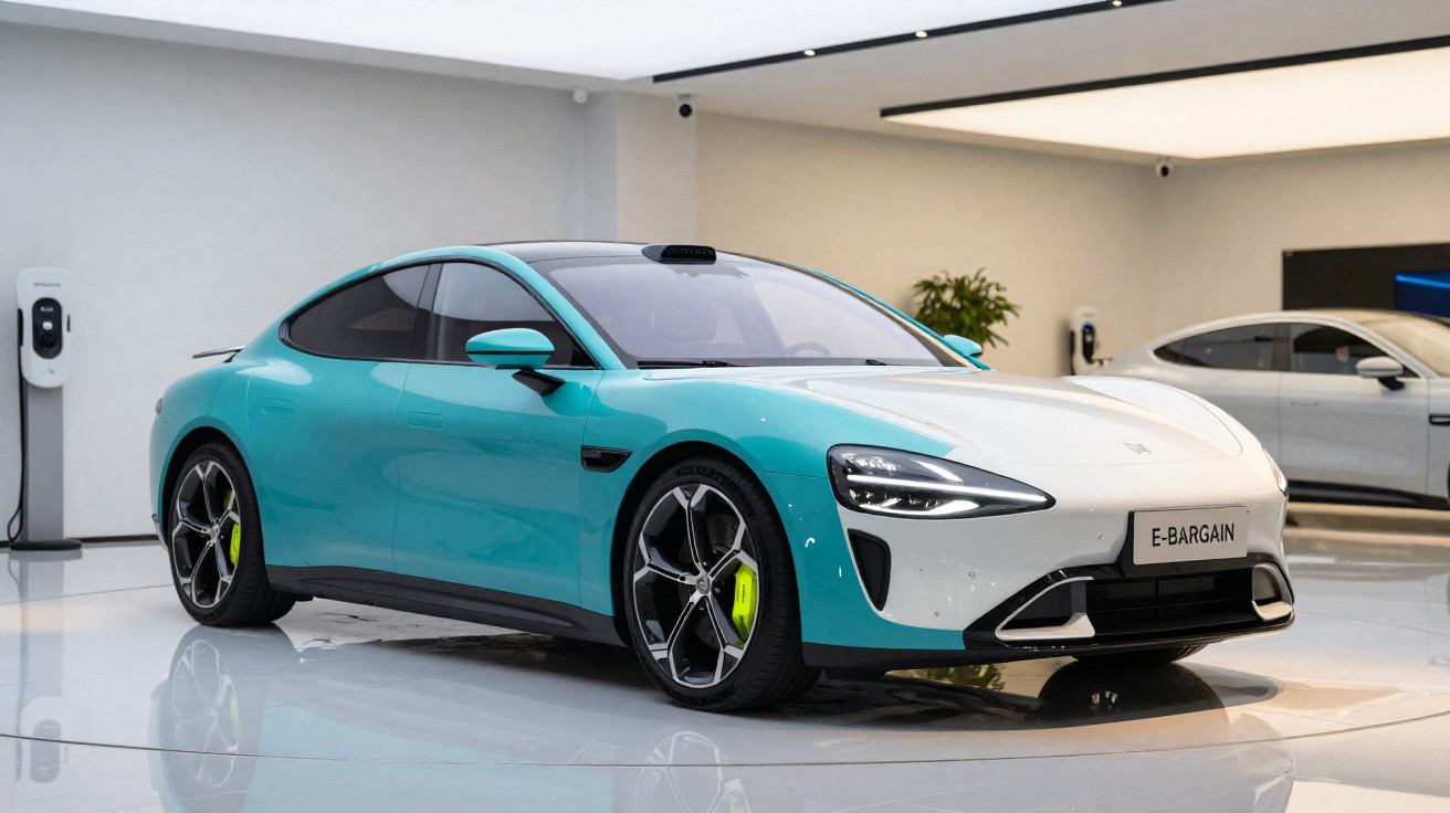 Carro elétrico esportivo azul e branco em exposição interna com estação de recarga ao fundo.