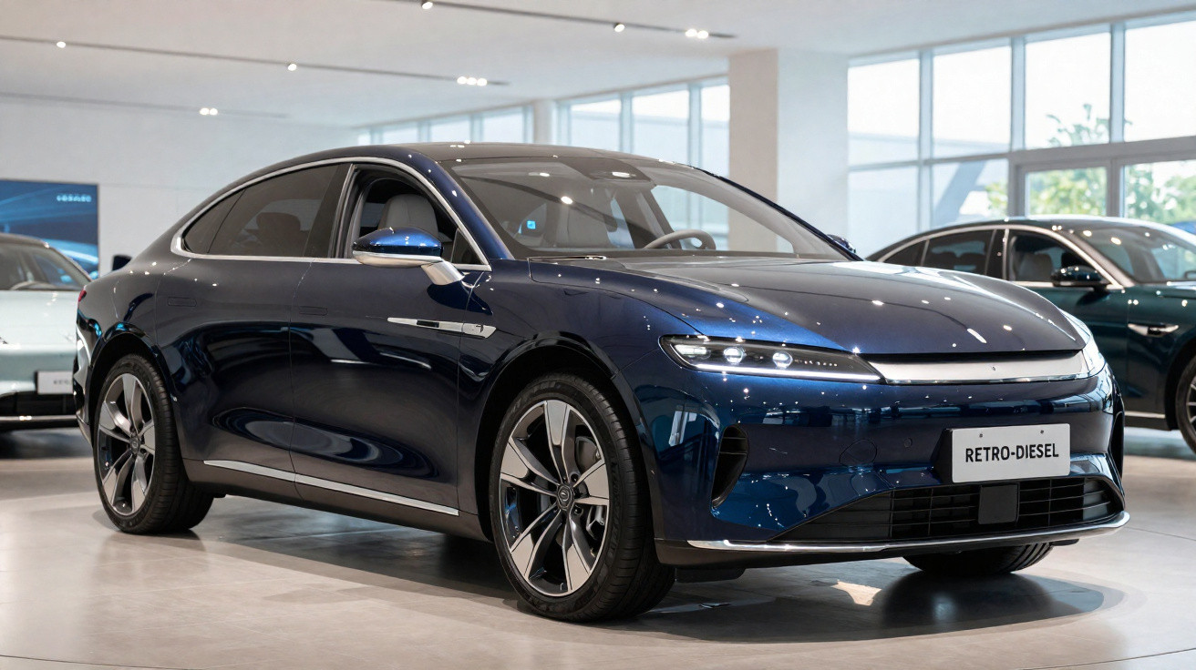 Carro elétrico azul escuro com design moderno exibido em showroom com piso branco e luz natural.
