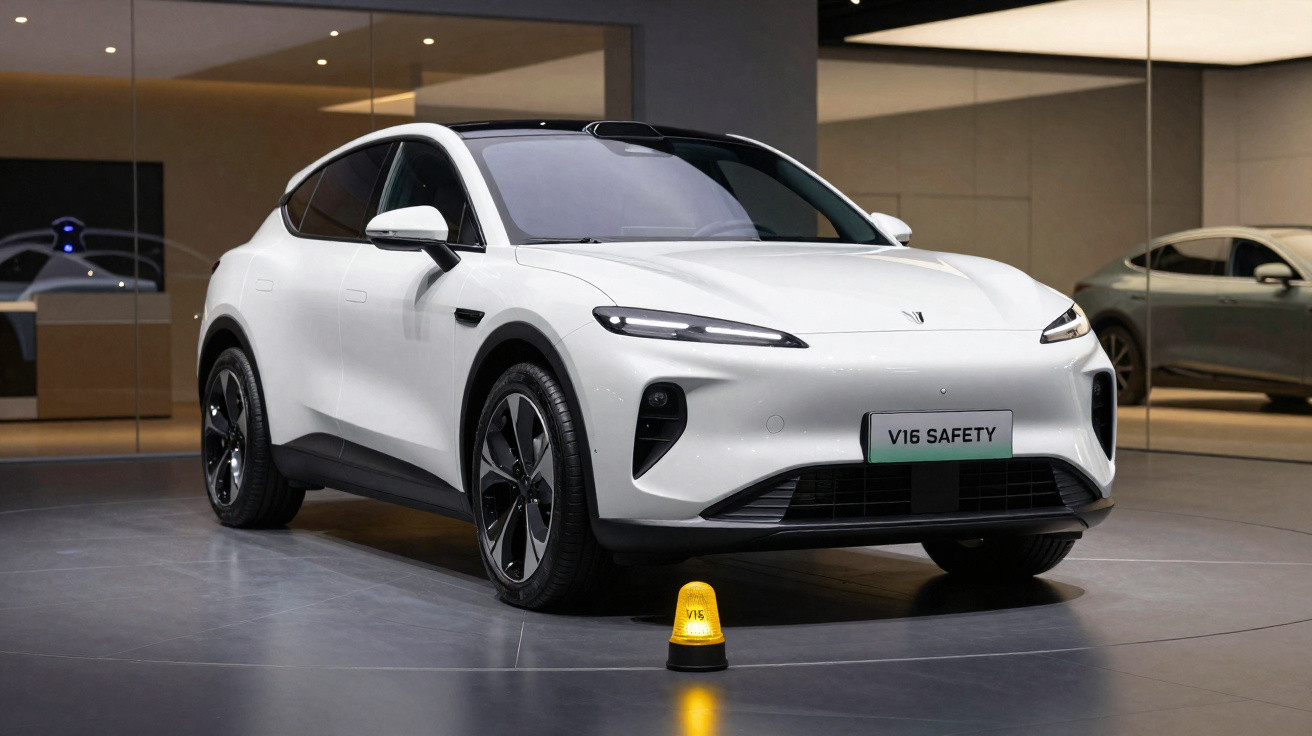 Carro SUV branco elétrico V16 Safety estacionado em ambiente interno com iluminação moderna.
