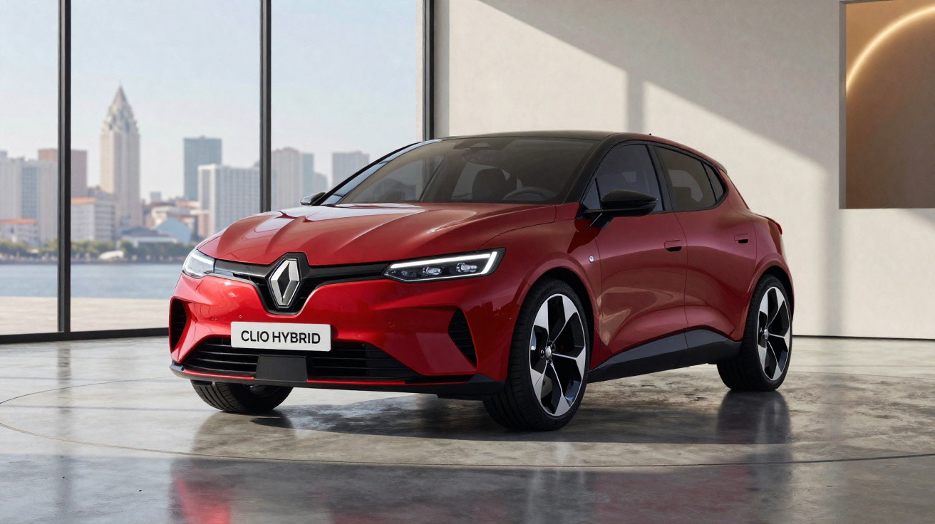 Carro vermelho Renault Clio Hybrid estacionado em ambiente interno com janelas grandes e vista urbana.