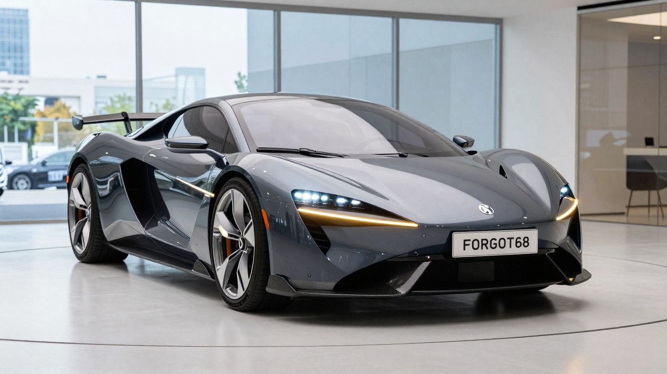 Carro esportivo cinza com luzes dianteiras acesas exibido em showroom moderno e iluminado.