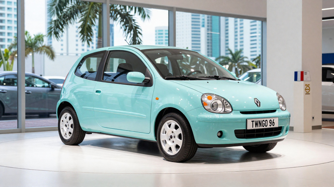 Carro Renault Twingo azul claro exibido em exposição interna com grandes janelas e vista de palmeiras ao fundo.