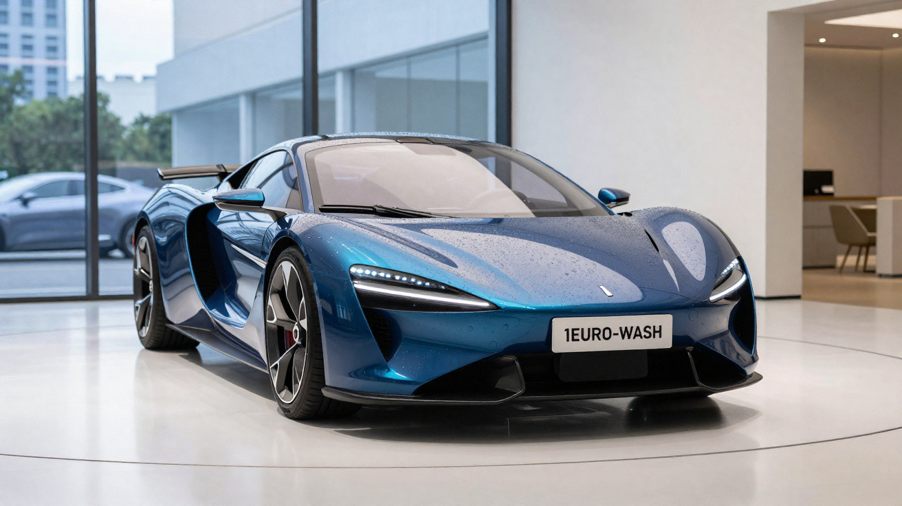 Carro esportivo azul brilhante estacionado em ambiente interno moderno com detalhes molhados na superfície.