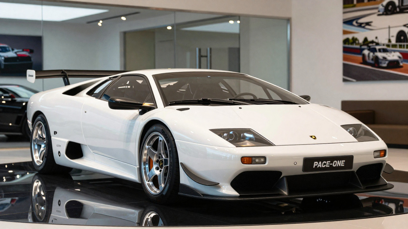 Carro esportivo Lamborghini branco em exposição interna, modelo Pace-One com rodas cromadas.