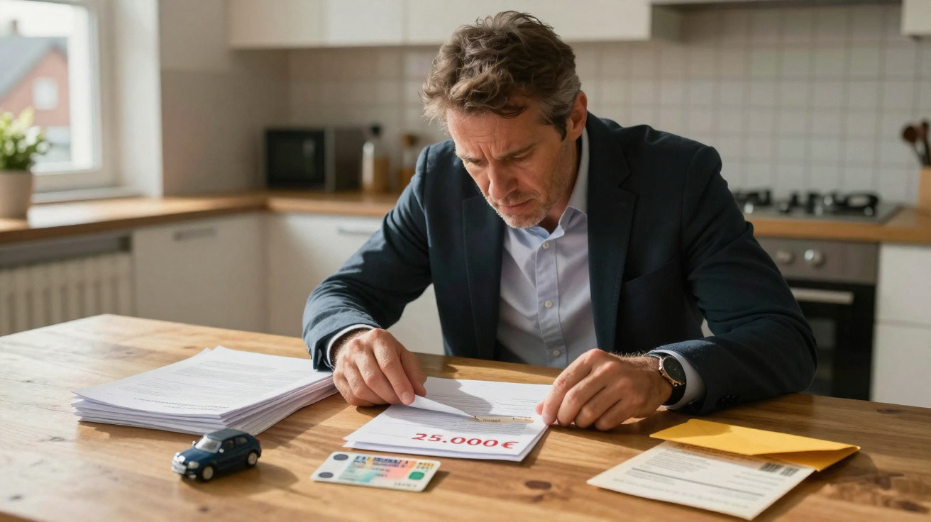 Homem sentado analisando documento com valor de 25.000 euros em mesa de cozinha.