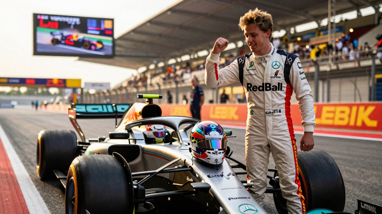 Piloto celebra com punho cerrado próximo ao carro de Fórmula 1 na pista de corrida com arquibancada ao fundo.