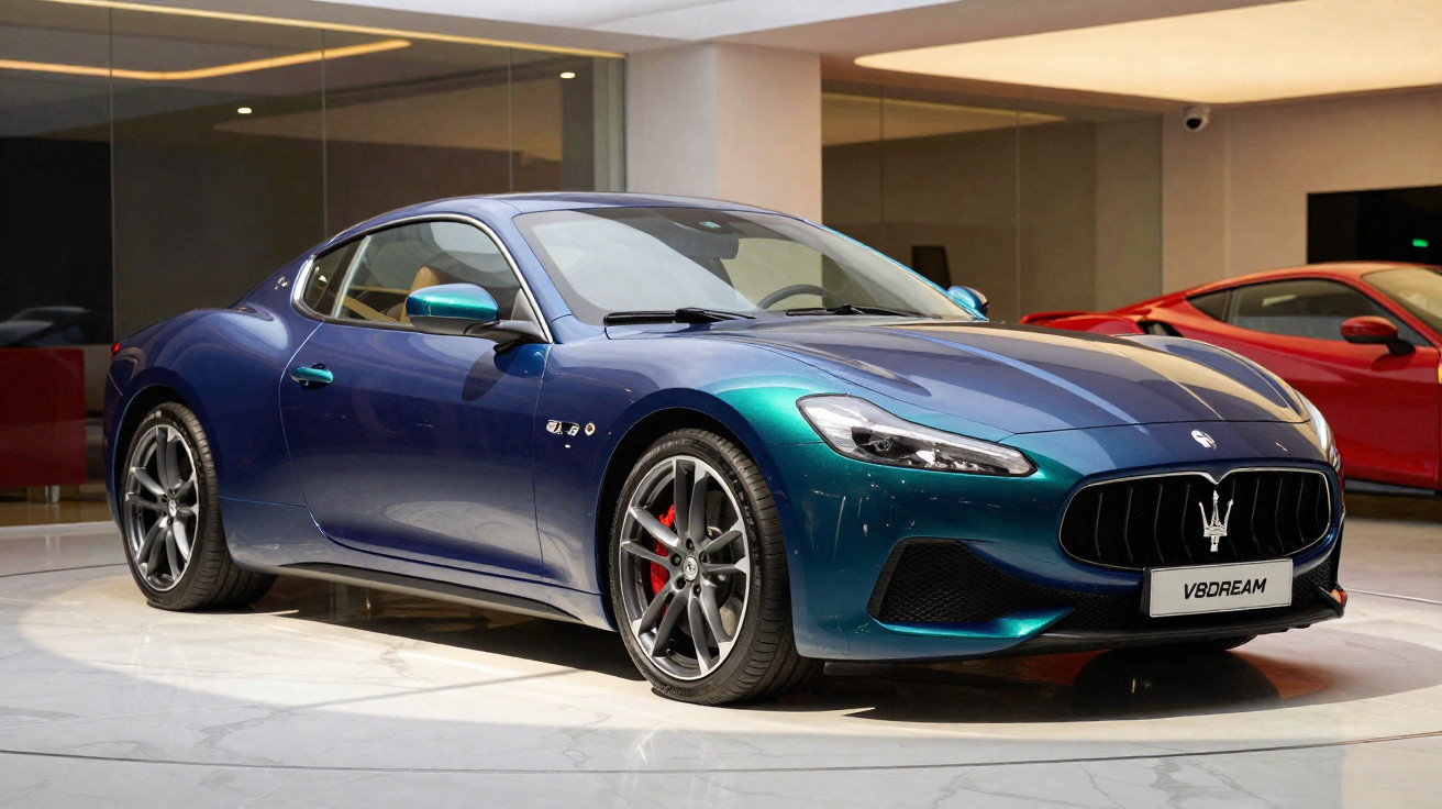 Carro esportivo Maserati azul com detalhes verdes exibido em showroom moderno.