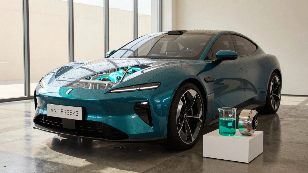 Carro elétrico azul com motor exposto em showroom iluminado por janelas grandes e recipiente de líquido verde.