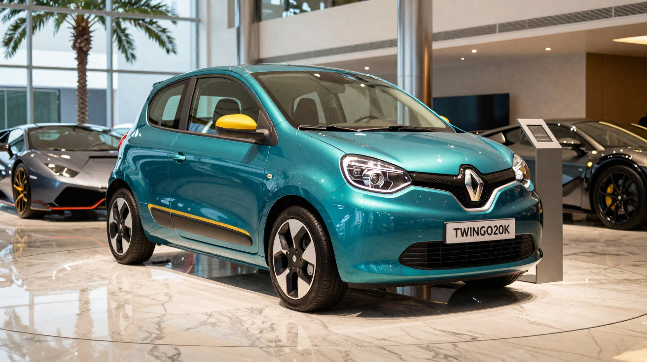 Carro Renault Twingo 2020 azul com detalhes amarelos em exposição em showroom moderno.
