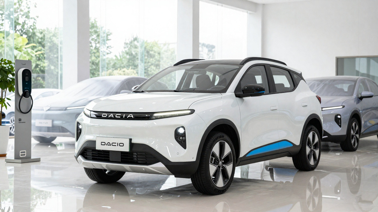 Carro elétrico branco da marca Dacia exibido em showroom moderno com carregador elétrico ao lado.