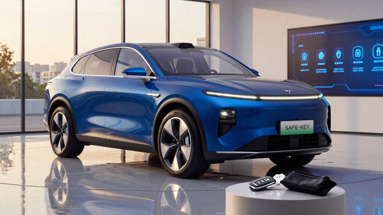 Carro elétrico azul estacionado em ambiente moderno com chaves e tela digital ao fundo.