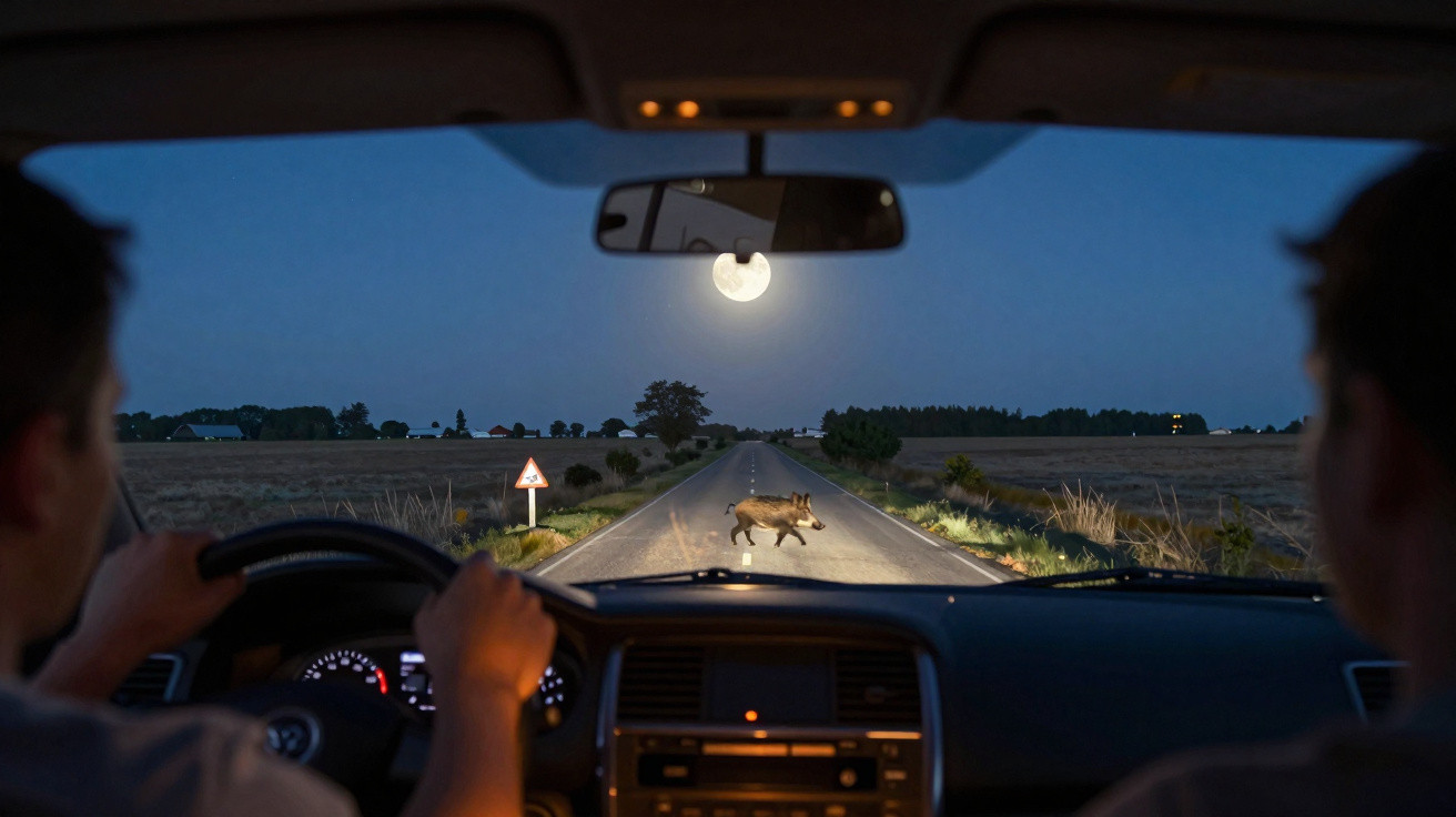 Interior de carro à noite com motorista e passageiro observando javali atravessando estrada rural iluminada pela lua cheia.