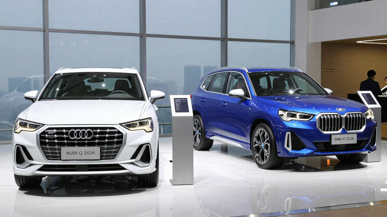 Carros Audi Q 2026 branco e BMW X1 2026 azul expostos em showroom moderno.