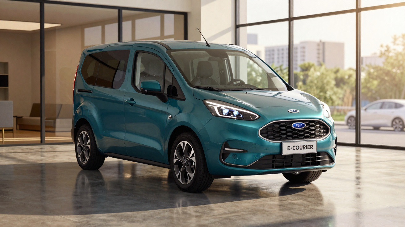 Van elétrica Ford E-Courier azul estacionada em ambiente interno com janelas grandes e vista urbana ao fundo.