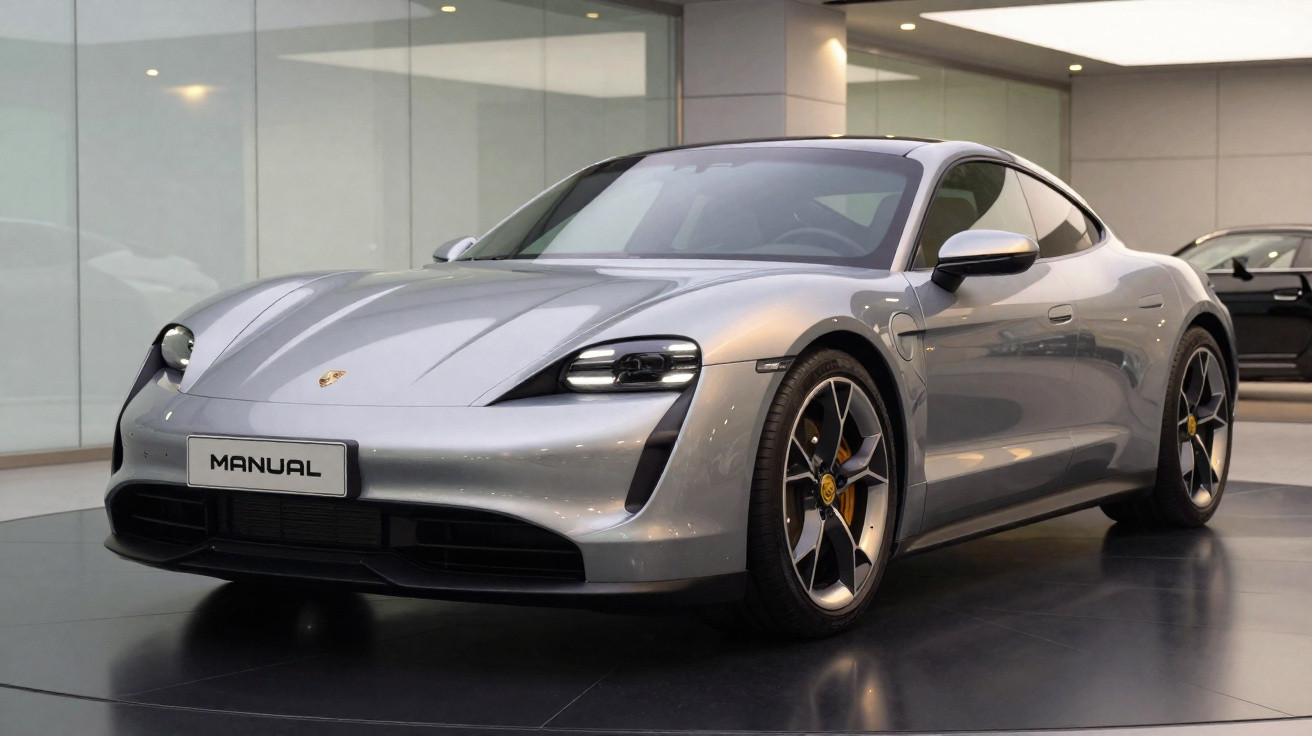 Carro esportivo Porsche Taycan prata em exposição interna com placa escrito Manual.