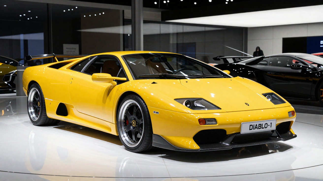 Carro esportivo amarelo Lamborghini Diablo exposto em ambiente interno com piso branco e outros carros ao fundo.