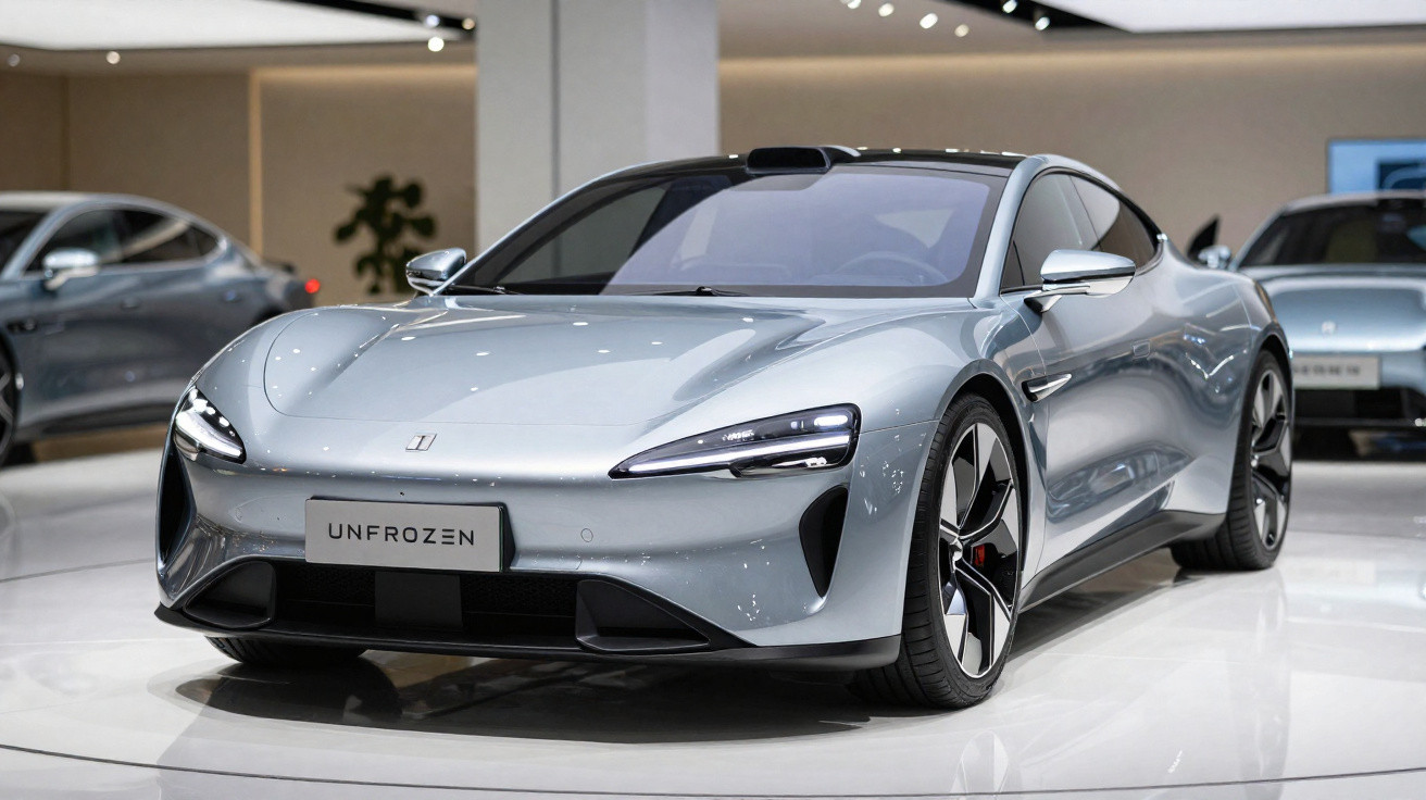 Carro esportivo elétrico prata com design aerodinâmico exibido em showroom moderno.