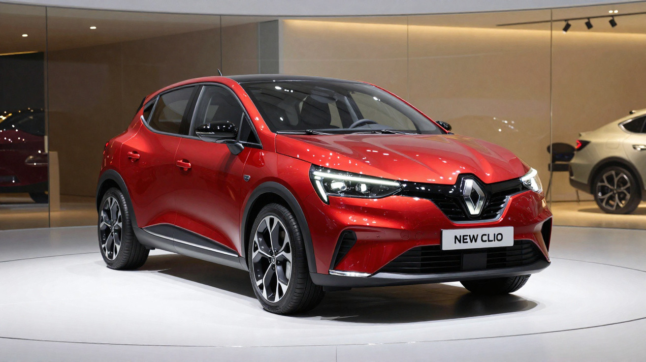 Carro hatch vermelho Renault New Clio exibido em plataforma rotativa em salão de automóveis.