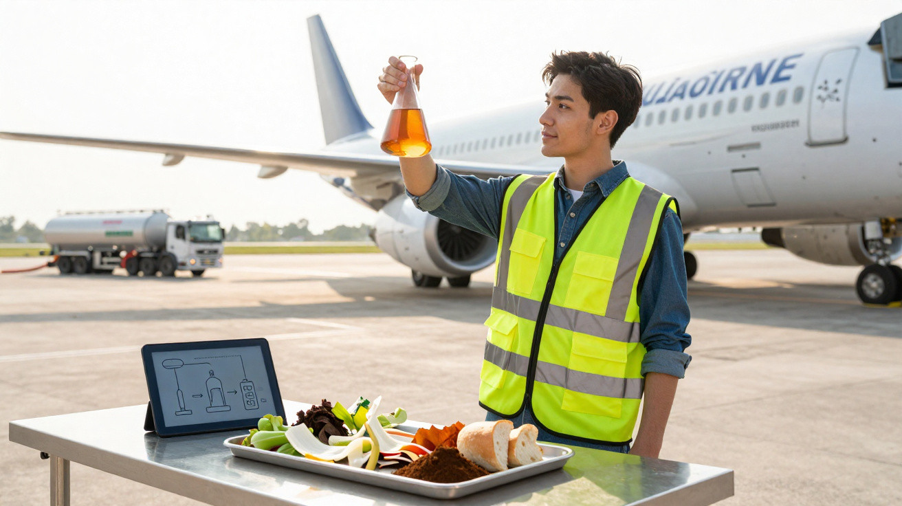 Homem com colete amarelo fazendo teste de combustível em aeródromo ao lado de avião estacionado.