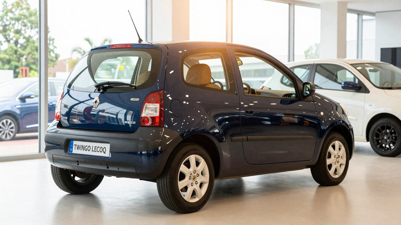Carro compacto azul escuro Renault Twingo exposto em showroom com vidro ao fundo.