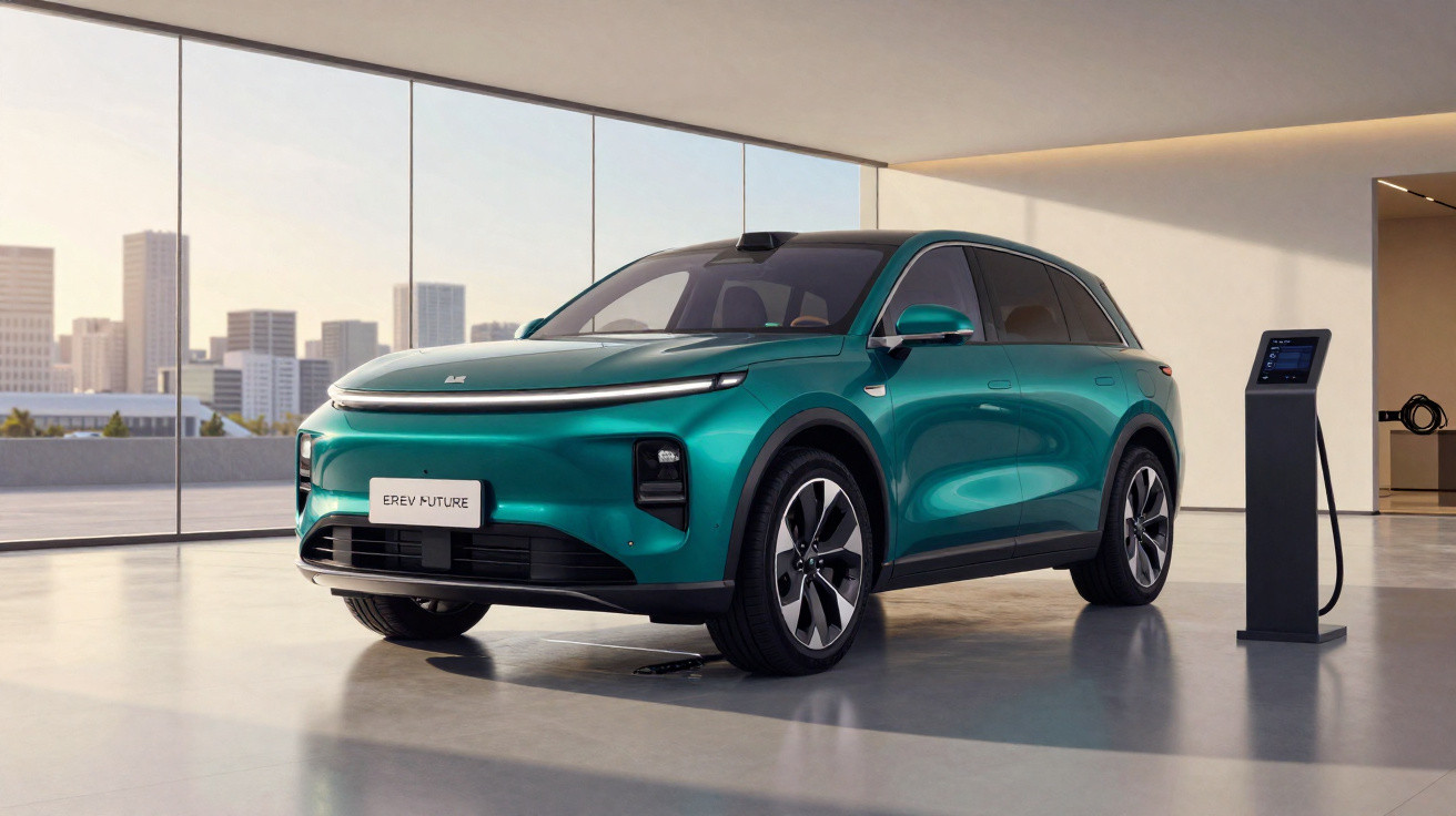 Carro elétrico verde estacionado em showroom moderno com parede de vidro e estação de recarga.