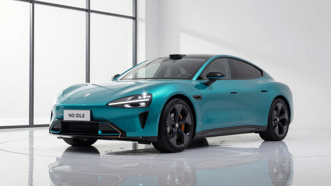 Carro elétrico esportivo azul com design moderno em ambiente interno com piso brilhante e parede branca.