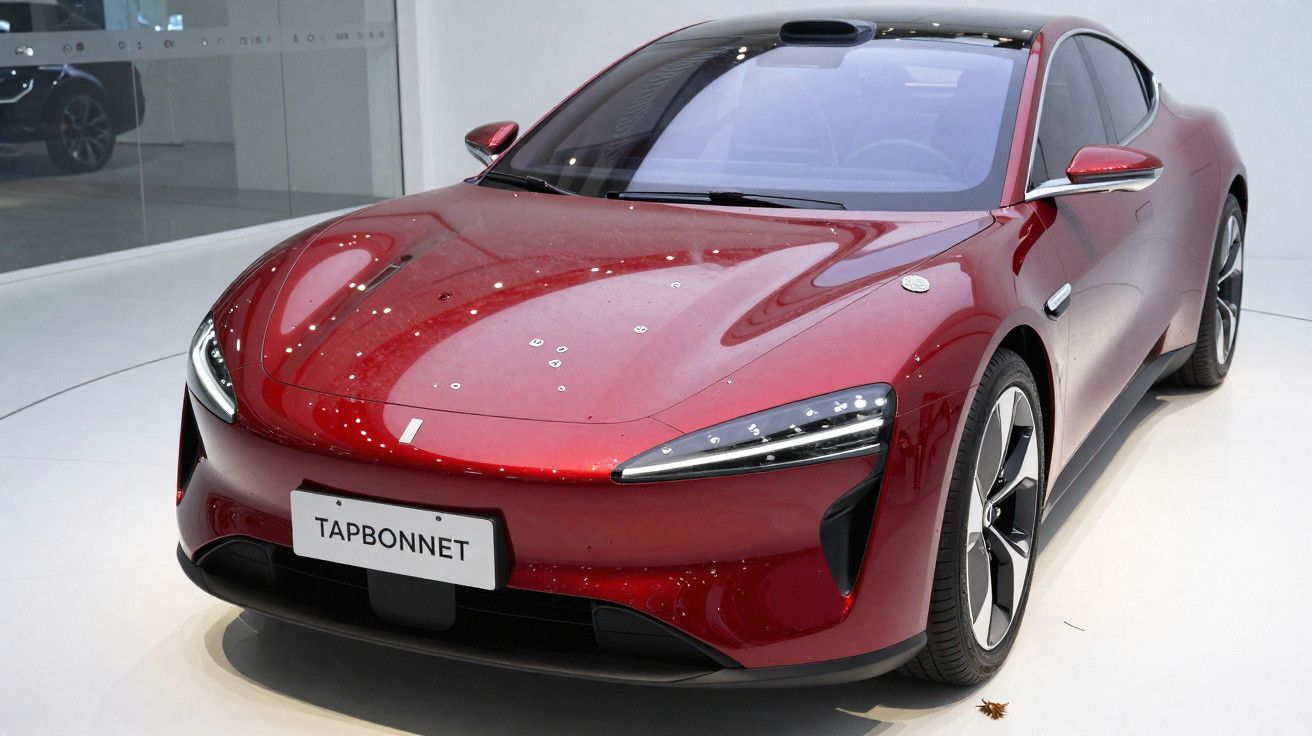 Carro esportivo vermelho brilhante elétrico em exposição, mostrando a dianteira e rodas modernas.