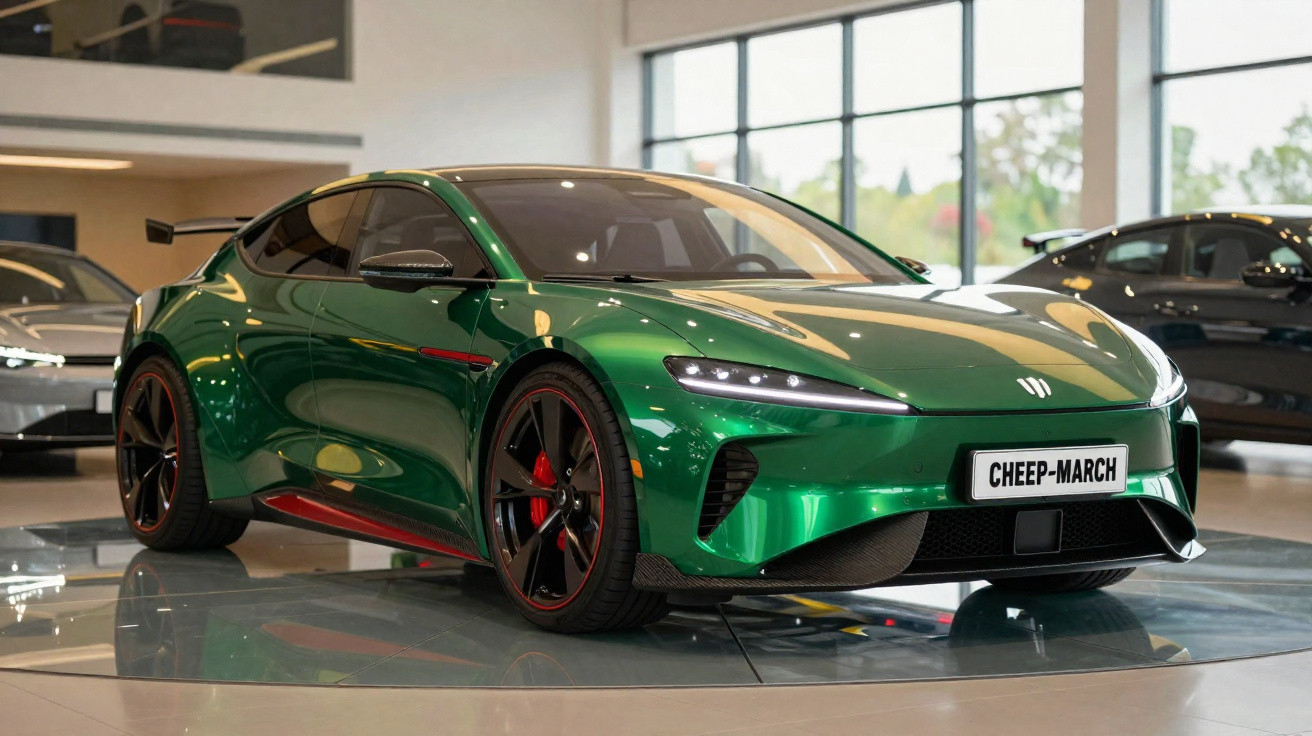 Carro esportivo verde metálico com rodas pretas e detalhes vermelhos em exposição interna.