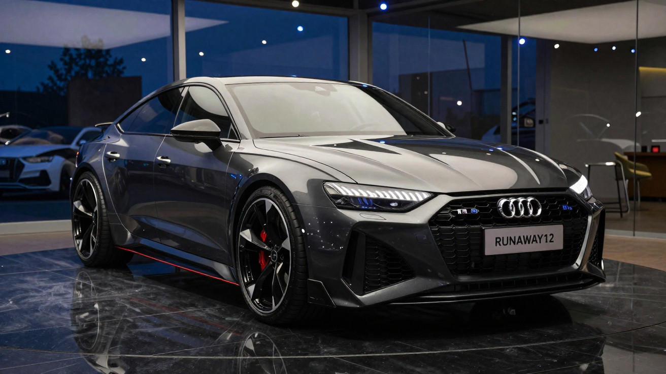 Carro esportivo Audi cinza escuro estacionado em showroom com luzes internas refletidas no piso.