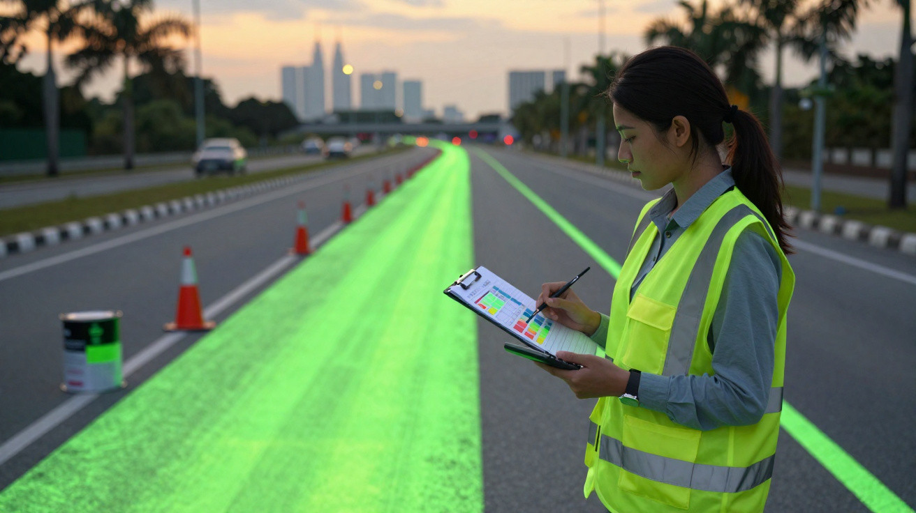 Mulher com colete refletivo observa e anota informações sobre pintura de faixa verde luminosa em estrada ao entardecer.