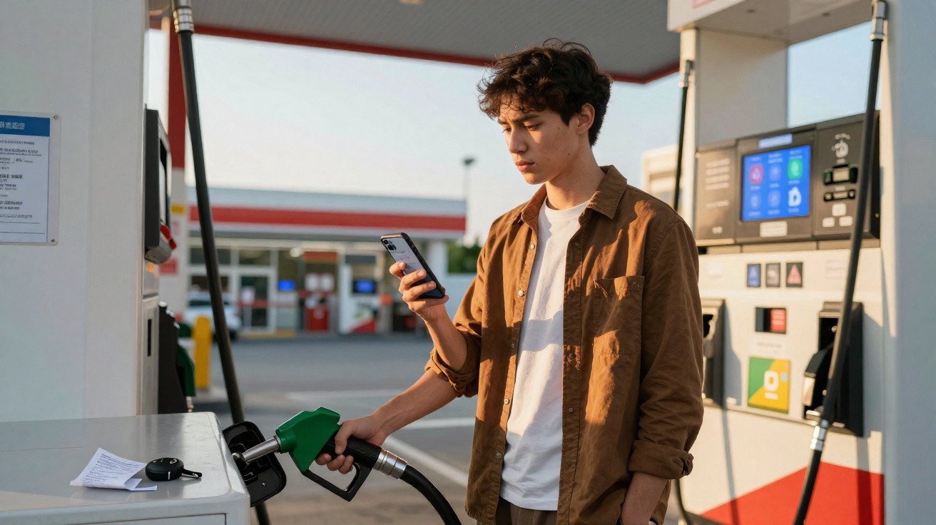 Jovem em posto de gasolina segura celular enquanto abastece veículo com bomba verde.