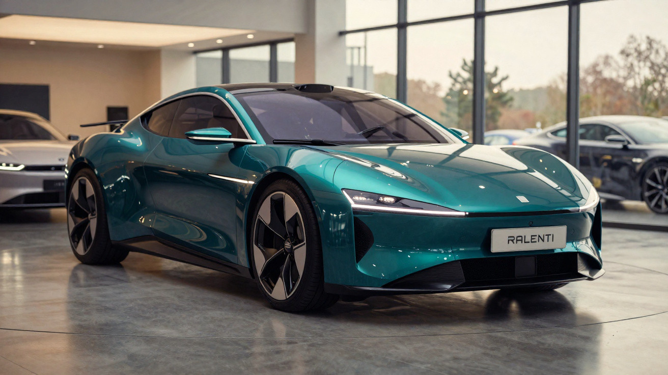 Carro esportivo elétrico verde metálico estacionado em showroom moderno com janelas grandes e piso de cimento.