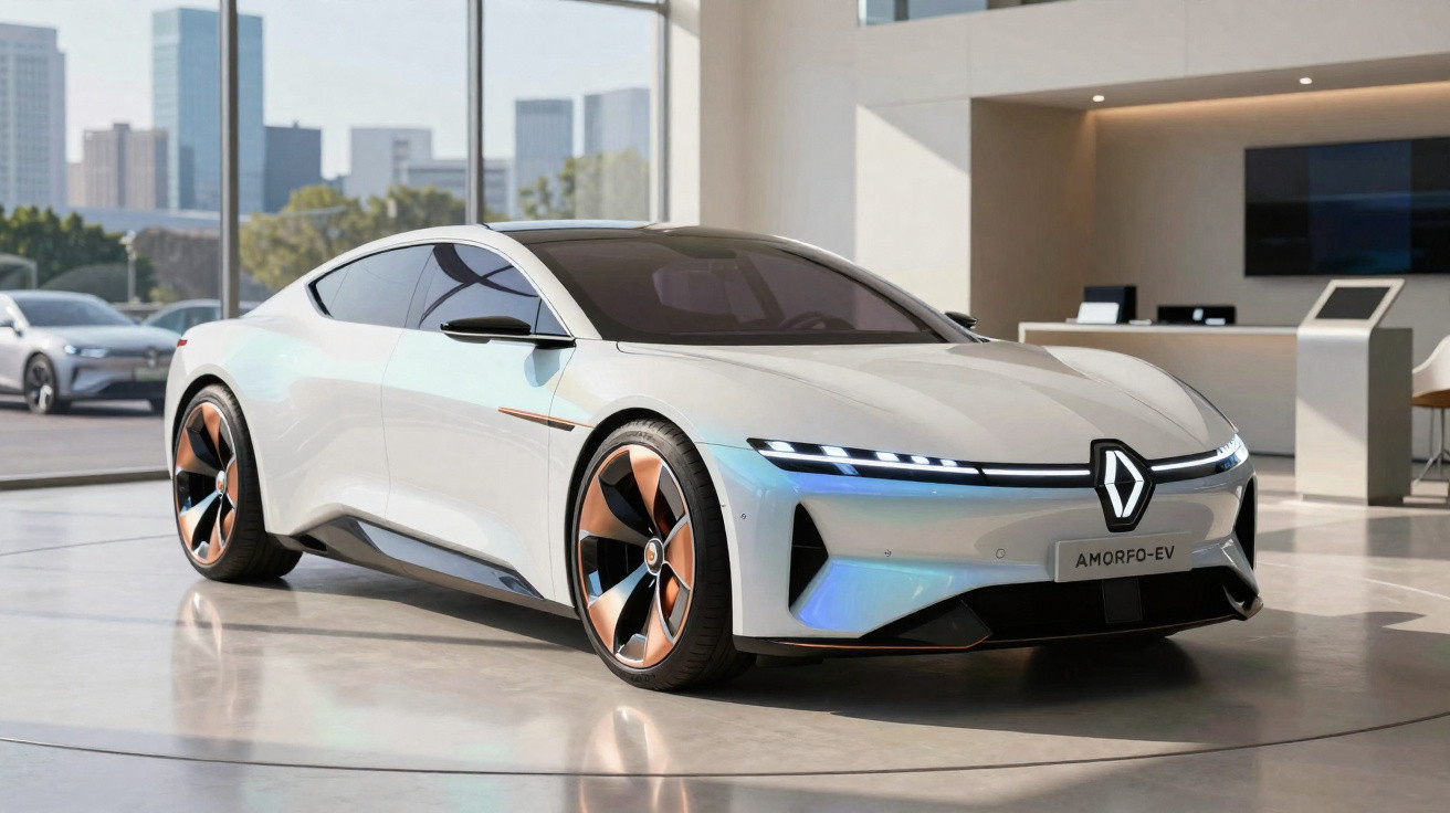 Carro elétrico branco Renault AMOFO-EV com design futurista e rodas com detalhes em cobre em ambiente interno moderno.