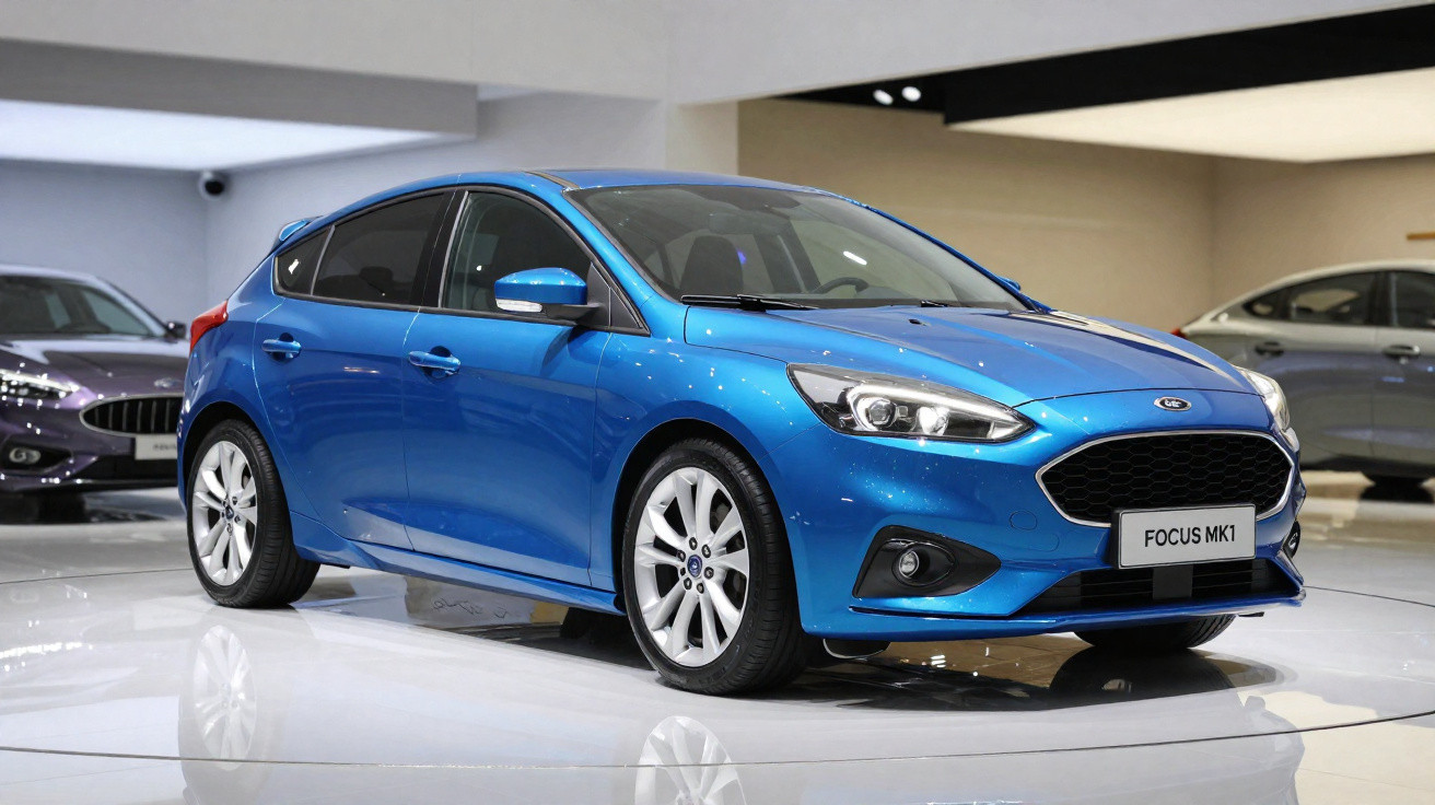 Carro hatchback azul Ford Focus MK1 em exposição interna, com outro veículo ao fundo.