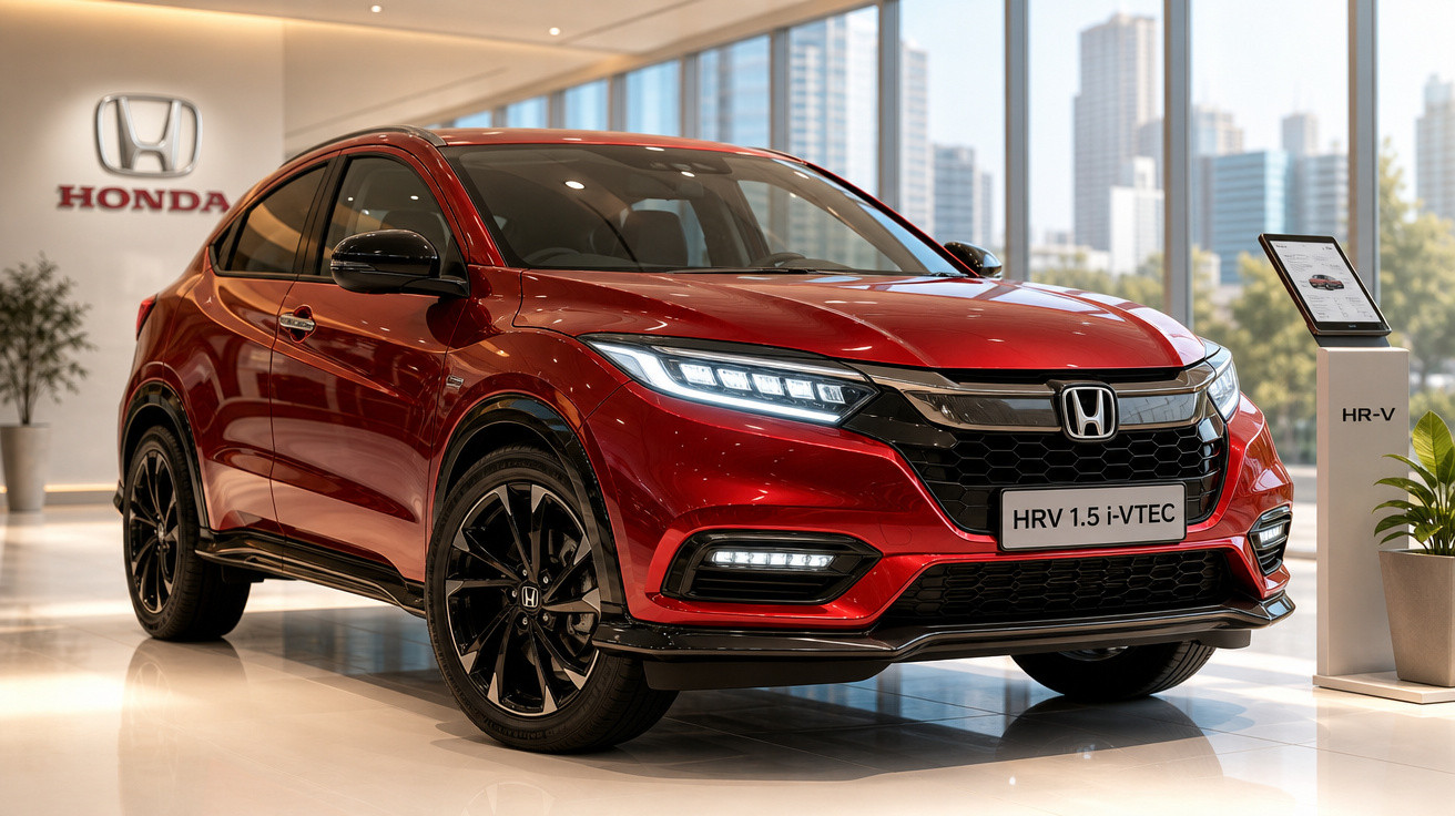 Carro Honda HR-V 1.5 i-VTEC vermelho em exposição em showroom moderno com grandes janelas.