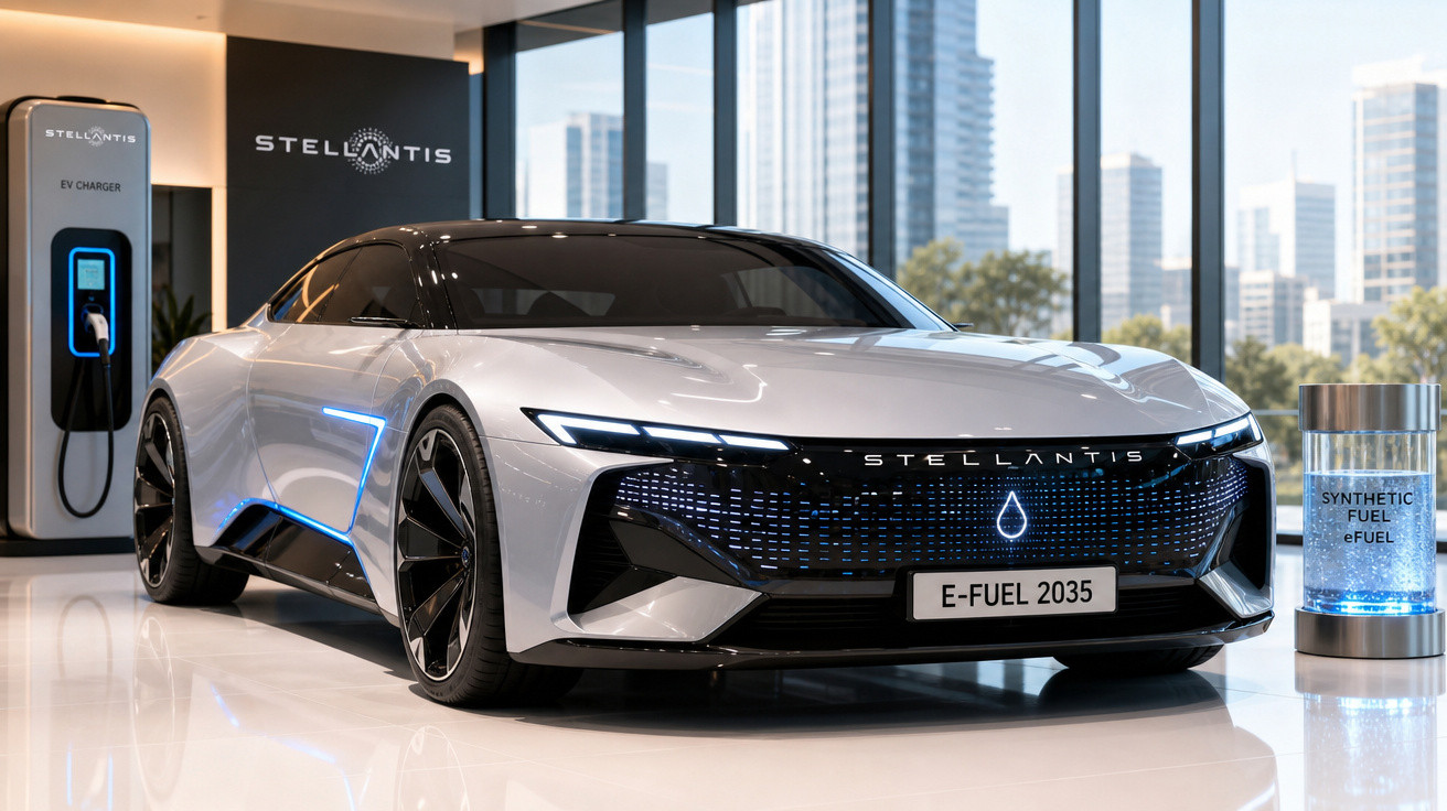 Carro elétrico concept branco da Stellantis em showroom futurista com carregador e combustível sintético.