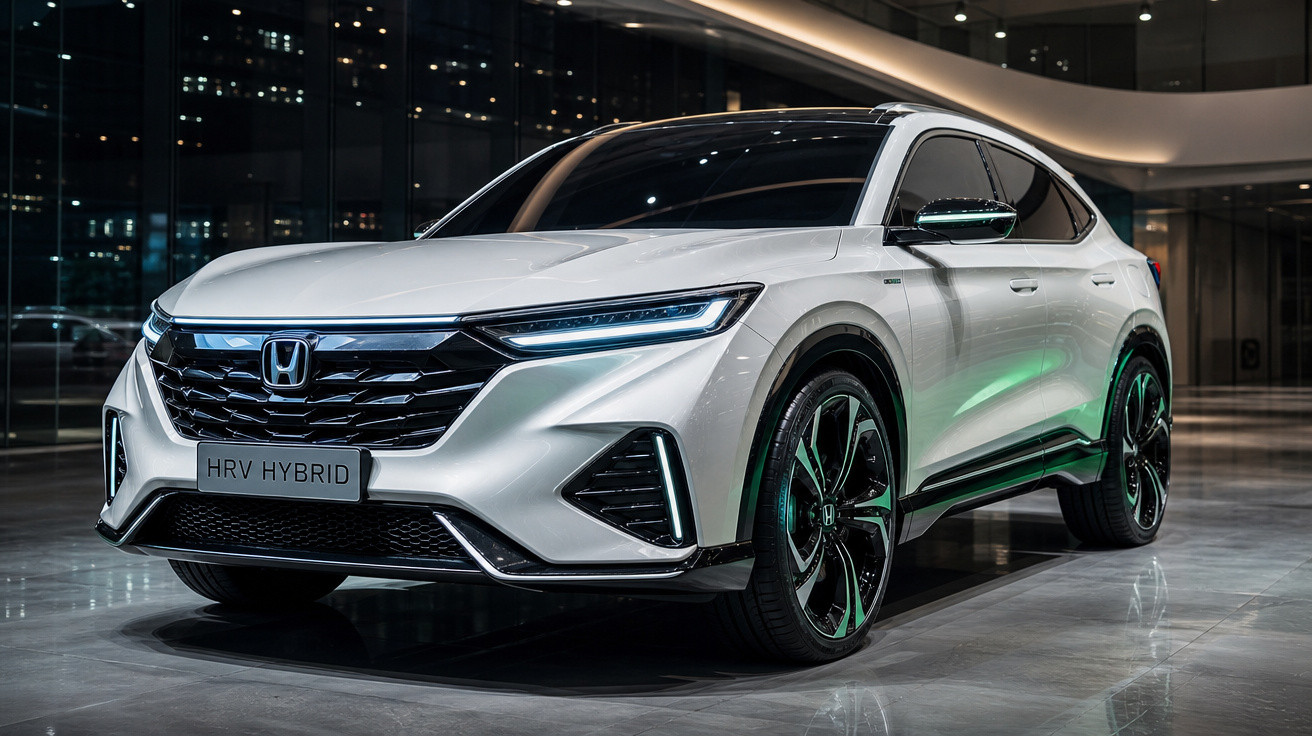 Carro Honda HRV Hybrid branco estacionado em ambiente urbano moderno à noite.
