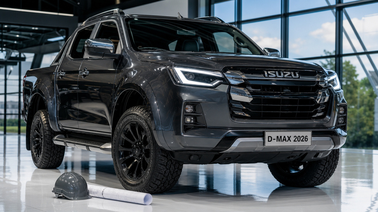 Picape Isuzu D-Max 2026 preta em ambiente interno, com capacete e planta ao lado.