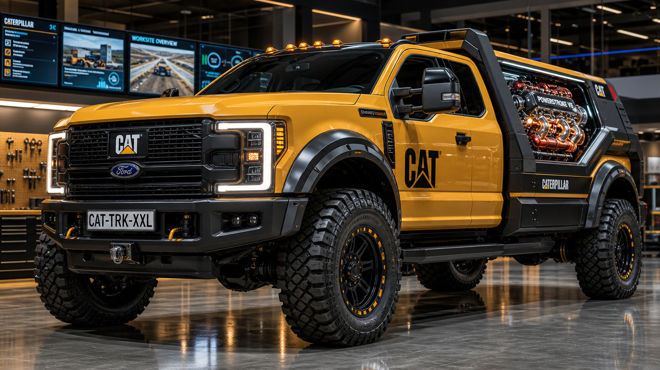 Caminhonete amarela Caterpillar com motor exposto e pneus off-road em ambiente industrial.