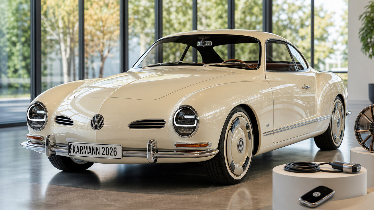 Carro clássico Volkswagen Karmann Ghia branco exposto em ambiente interno moderno.